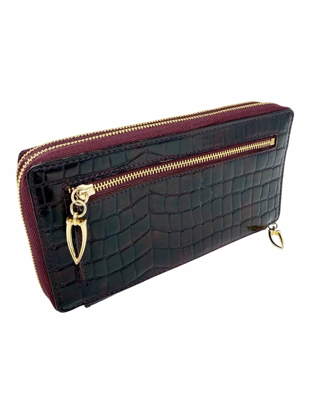 Tusk Croc Embossed Leather Double Zip Around Continental Wallet Burgundy